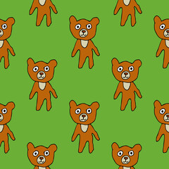 Cute cartoon bear in childlike doodle style seamless pattern. Woodland animal background. Vector illustration.  