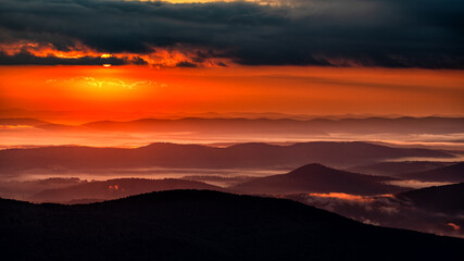 Superb mountain vista. Summer sunrise in the Carpathian Mountains. Bieszczady National Park. Poland.