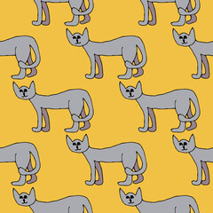 Cartoon doodle cat seamless pattern. Pet in childlike style, animal background. Vector illustration.        