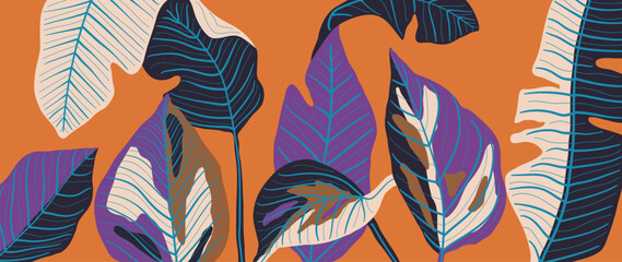 Luxury leaf art deco wallpaper. Nature background vector. Floral pattern with tropical plant line art on trendy color background. Vector illustration.