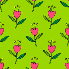 Abstract colorful doodle flower with leaves seamless pattern. Floral background. Vector illustration.  