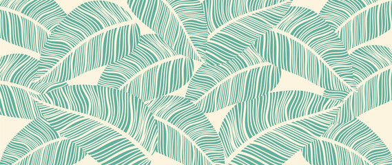 Luxury leaf art deco wallpaper. Nature background vector. Floral pattern with tropical plant line art on trendy color background. Vector illustration. - obrazy, fototapety, plakaty