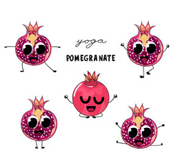 Funny pomegranate character in yoga poses. Cartoon childish illustration of fruits. Healthy summer food.