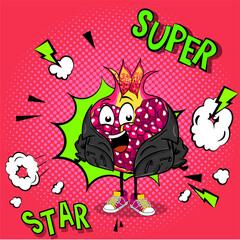 Pomegranate character in a fashionable black leather jacket and sneakers.  Happy fruit smiling in comic style.  Background with dots. Urban youth illustration for t-shirt in vibrant bright colors