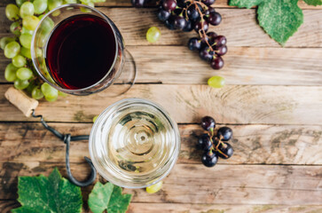 Glasses of red and white wine.