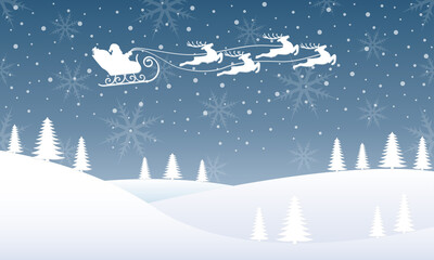 Fototapeta na wymiar Santa on sleigh with reindeers flying in the night sky. Christmas background with Santa's sled and Xmas deer. Winter landscape with snow, fir trees and snowflakes. Vector illustration.