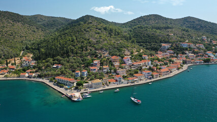Aerial drone panoramic photo of picturesque village capital and port of Ithaki or Ithaca island called Vathi a safe anchoring for sail boats, Ionian, Greece
