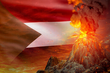 big volcano blast eruption at night with explosion on Sudan flag background, suffer from natural disaster and volcanic earthquake conceptual 3D illustration of nature