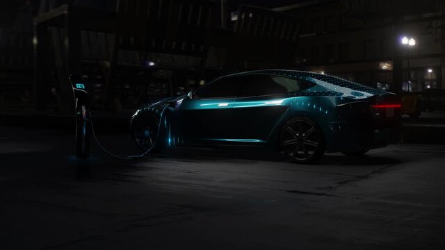 3D Model Detailed Silhouette of Autonomous Electric Car Charging. Blue Supercar Made of Blue Lines. Racing into the Light	