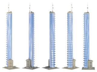 5 different angles views renders of fictional design tall buildings with parking at the bottom with blue cloudy sky reflections - isolated, 3d illustration of skyscrapers