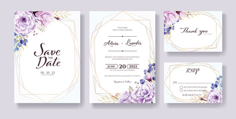 Wedding Invitation, save the date, thank you, rsvp card Design template. Vector. purple rose flowers, Silver dollar leaves.