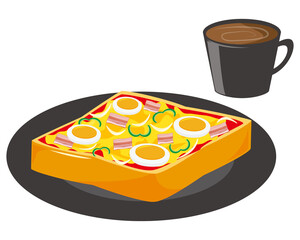 たまごとハムをトッピングしたピザトースト