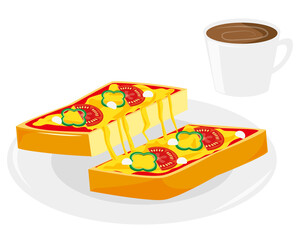 トマトとピーマンをトッピングしたピザトースト