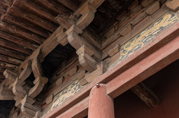 Detailed dougong (brackets) supports of Wooden Pagoda or Sakyamuni Pagoda at Fogong Temple in Yingxian, Shuozhou, Shanxi. Built in 1056, world's tallest & oldest existing wooden tower. Color frescos.