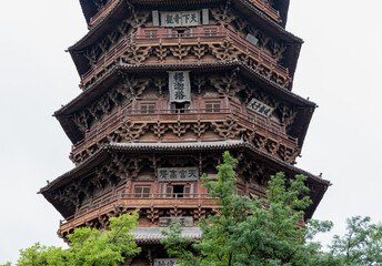 Close-up dougong supports and plagues of Yingxian Wooden Pagoda or Sakyamuni Pagoda at Fogong Temple, Yingxian, Shuozhou, Shanxi, China. Built in 1056. Tallest & oldest existing wooden tower in world.