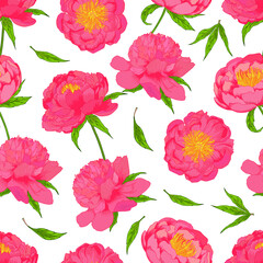 Vector peony flowers with leaves and buds seamless patterns 
