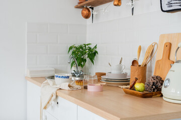 white kitchen interior. Scandinavian interior design in light colors with plants and accessories.