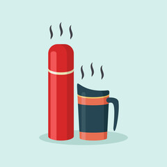 Flat vector reusable thermos tumbler mug and thermos bottle for hot drinks illustration.