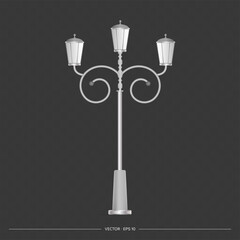 Old metal lantern. Retro lamppost with realistic light. Vector.