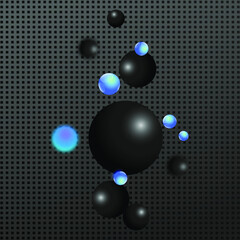 Hi-tech background. Textured surface and shiny spheres. Blue and black balls on metal surface. Vector EPS10