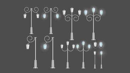 A set of Metallic lanterns that shine. Lamp post with realistic light. Vector.