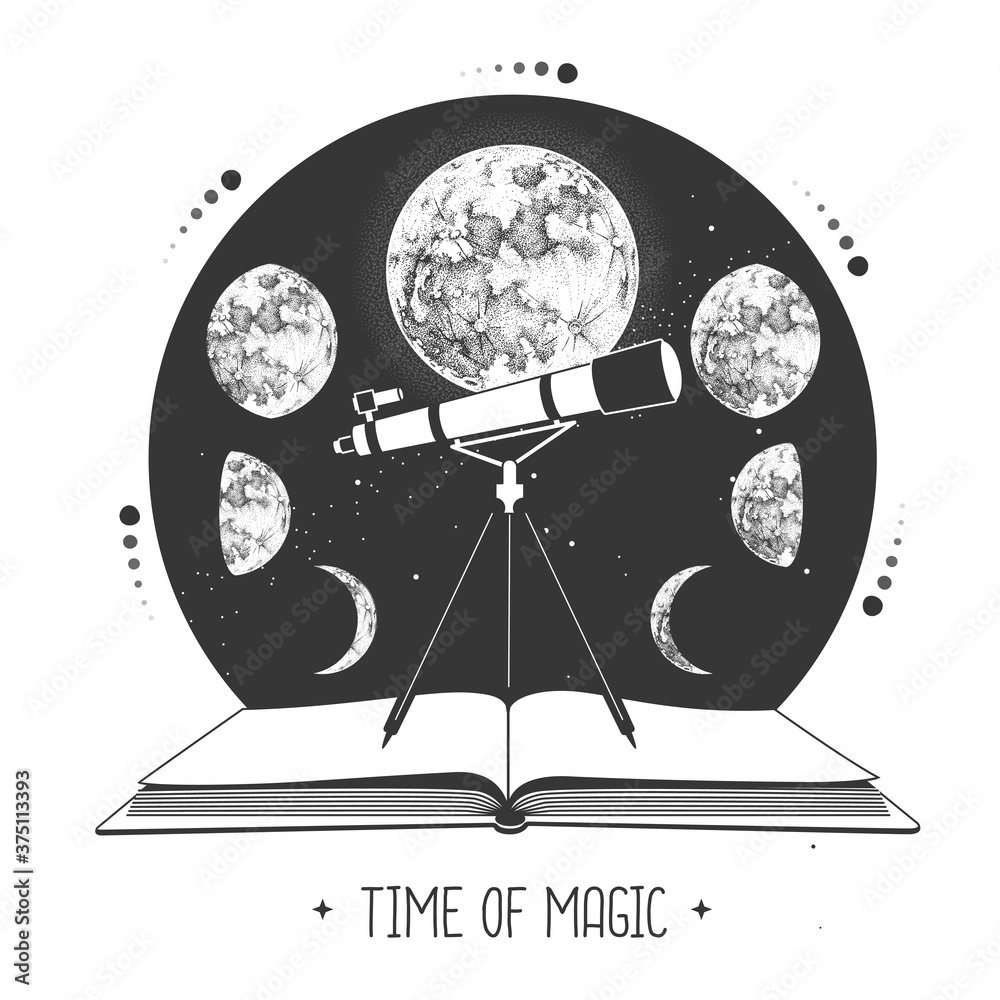 Wall mural modern magic witchcraft open book with telescope and moon phases. pagan moon symbol. vector illustra