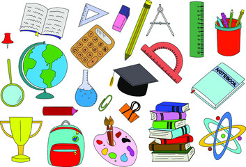 Back to school. School. School supplies. For study. Thematic selection. Sketch. Vector