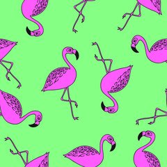 Seamless flamingo pattern vector illustration. Vector background design with hand-drawn cute cartoon flamingo birds.