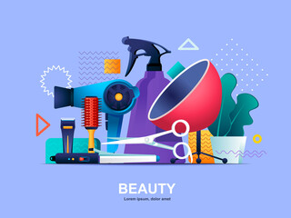 Beauty industry flat concept with gradients. Barbershop master, hairstyling salon web template. Professional equipment for hairdresser 3d composition, beauty shop service vector illustration.