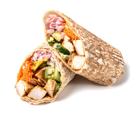 Shawarma with chicken on a white background. Insulation.