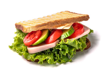 Sandwich with ham, cheese and tomato isolated on white background.