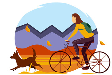 Woman riding with a dog in the woods in autumn. Illustration of the concept of outdoor activities, outdoor recreation, Cycling.