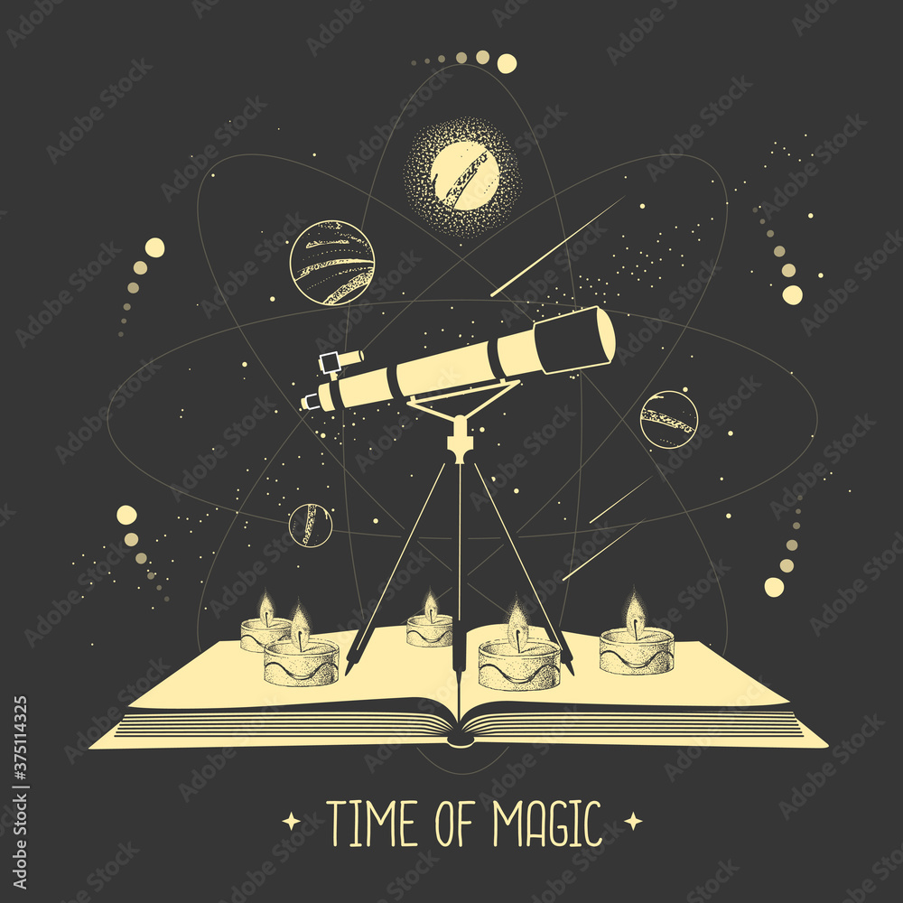 Wall mural modern magic witchcraft open book with telescope and outer space and planets. vector illustration