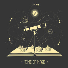 Modern magic witchcraft open book with telescope and outer space and planets. Vector illustration