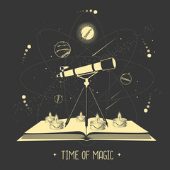 Modern magic witchcraft open book with telescope and outer space and planets. Vector illustration © annbozhko