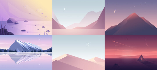 Vector banners set with polygonal landscape illustrations - 375114990