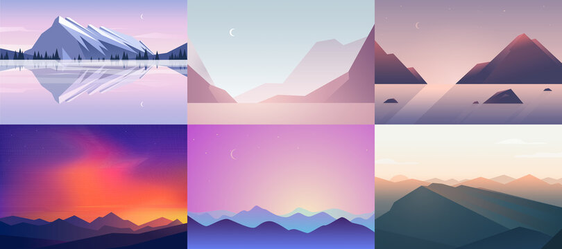 Vector banners set with polygonal landscape illustrations