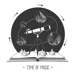 Modern magic witchcraft open book with telescope and four elements. Vector illustration