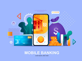 Mobile banking flat concept with gradients. Digital wallet mobile application web template. Smart finance app for money transactions, payments and investing 3d composition, vector illustration.