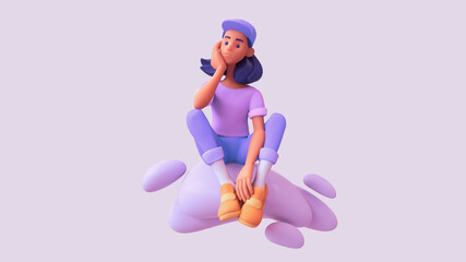 Pensive black girl sitting on clouds propping her face with her hand. Casual young girl with dark hair in purple t-shirt, blue jeans, orange sneakers, white socks and cap on her head. 3d illustration.