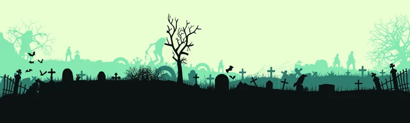 Fotobehang Halloween-begraafplaatslandschap met monsters. Een feest met monsters. Panorama. Plat ontwerp. vector illustratie © Евгений Соловьев