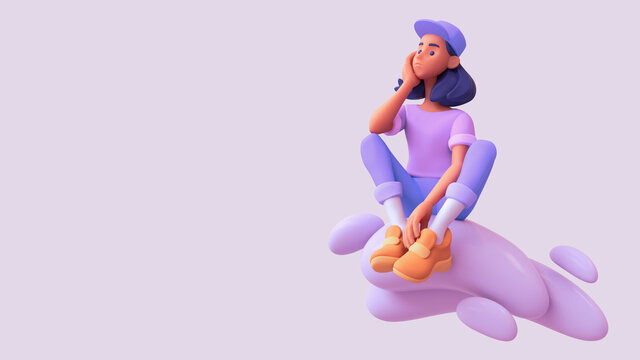 Young black girl student sits on a cloud thinks over a decision and tries to make the right choice. Pensive casual woman in purple t-shirt, blue jeans, orange sneakers, white socks, cap. 3d render.