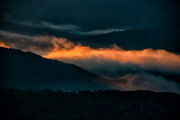 Superb mountain vista. Summer sunrise in the Carpathian Mountains. Bieszczady National Park. Poland.
