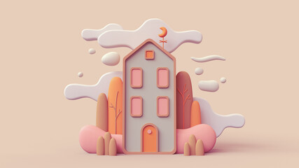 Cute green cozy Eco House with bushes, tall trees, white clouds. Sweet home. Stay Home. Modern house with red windows, orange door. Concept art Autumn mood in fall season. 3d render in pastel colors.