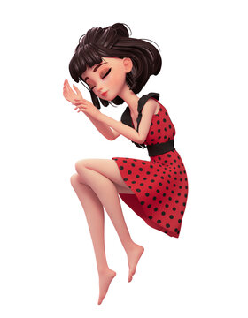Romantic brunette young asian woman with eyes closed flying in dream. Beautiful cartoon girl in red dress with black polka dots sleeping in the air. Good night. 3d render isolated on white backdrop