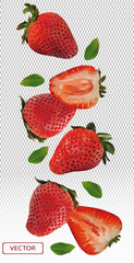 Realistic strawberry on transparent background. Whole strawberries, sliced strawberries with with green leaves. Illustration for your poster, banner, natural product. 3D vector illustration.