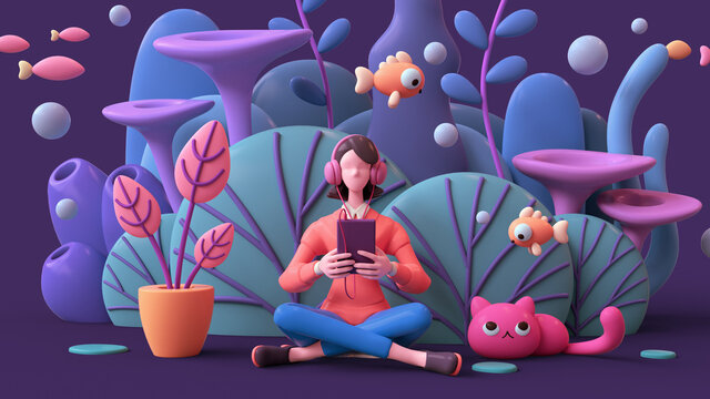 Young woman in headphones learning online with tablet at home. Brunette girl in a red shirt, blue jeans sitting in deep underwater with pink cat, fish, algae, coral reefs. 3d render on purple backdrop