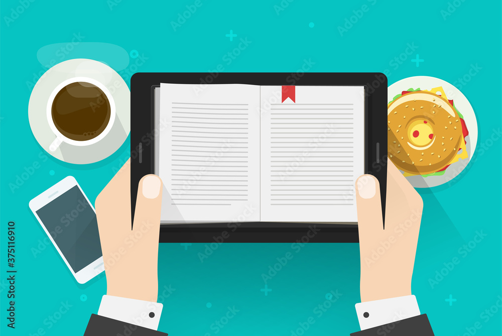 Poster digital book reading man, electronic notebook reader on tablet computer in person hand vector flat c
