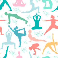 Yoga poses seamless pattern. Silhouettes of pastel colours