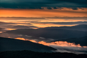Superb mountain vista. Summer sunrise in the Carpathian Mountains. Bieszczady National Park. Poland.